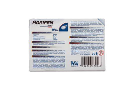 AGRIFEN PARACETAMOL 500 MG / CAFEIN 25 MG, 10 TABLETA