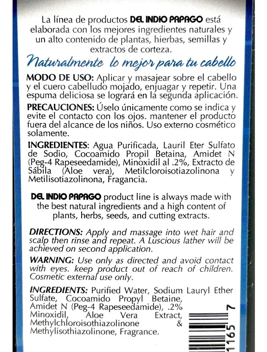 Shampoo & Soap Minoxidil Del Indio Papago, Con Aloe Vera 1.1L.