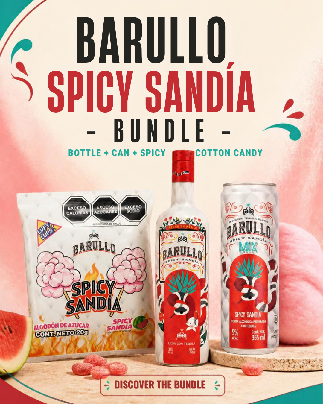 Barullo Spicy Watermelon Bundle (1 Bottle + 2 Pack Cotton Candy + 2 Cans)