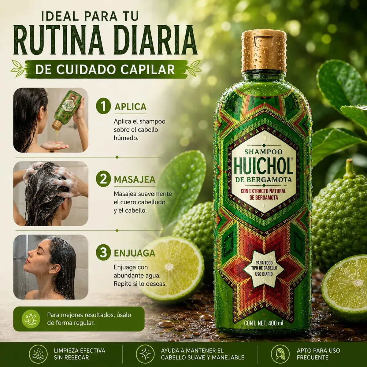 Huichol Bergamot Shampoo | Shampoo de Bergamota, 400 mL (2 Pack)