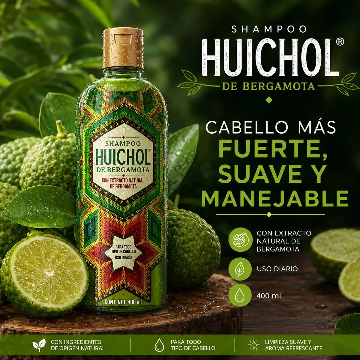 Huichol Bergamot Shampoo | Shampoo de Bergamota, 400 mL (2 Pack)