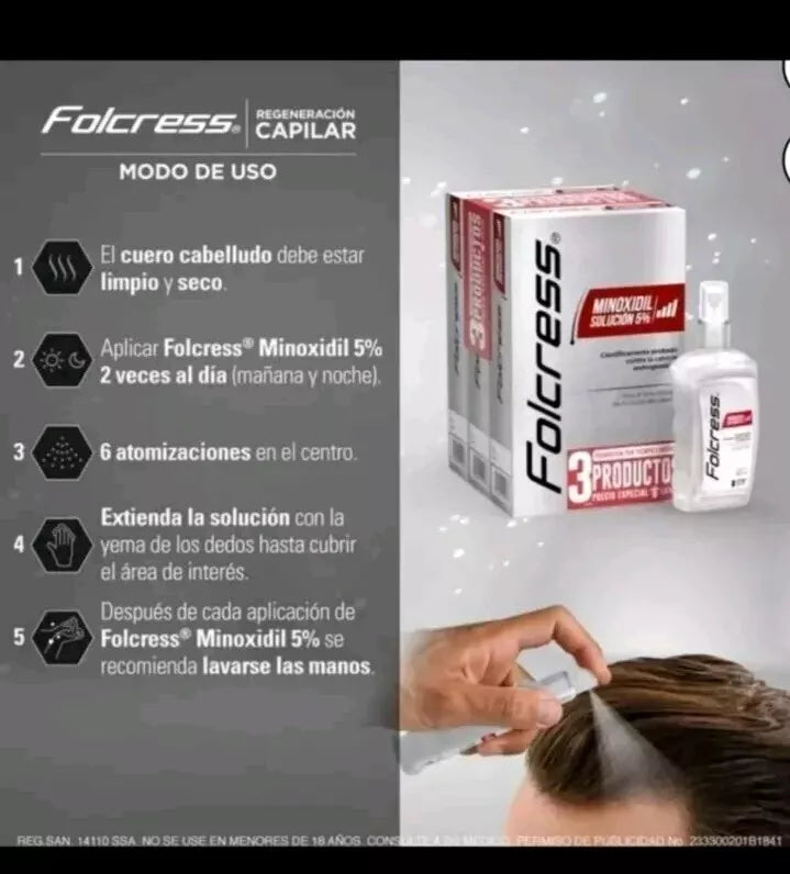 Folcress Minoxidil 5% Hair Loss Solution (3 pack)